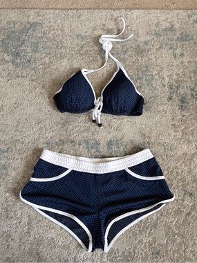 Navy Polka Triangle Bikini Top & Swim Shorts Set with White Trim